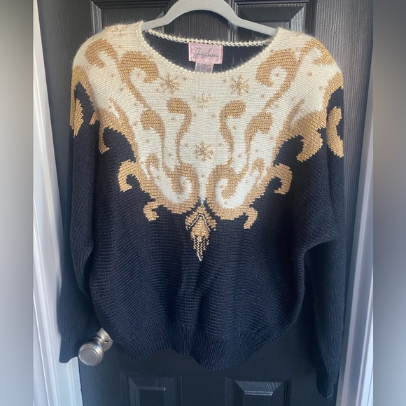 NWT Jocelyn Smith Vintage Beaded Gold Ivory Black Holiday Fancy Sweater Size L - Picture 2 of 8